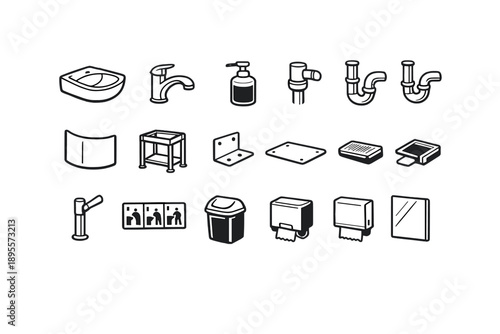 Public hand wash station structure in outline vector style: sink basin, faucet tap, soap dispenser, water pipe, drain pipe, splash guard, support frame