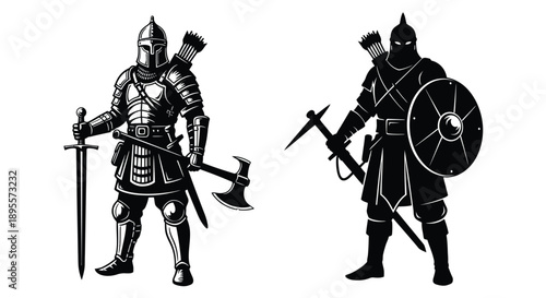 Two medieval warriors stand prepared for battle one armored and one cloaked