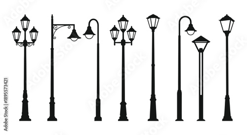 Collection of vintage street lamps in a black and white illustration