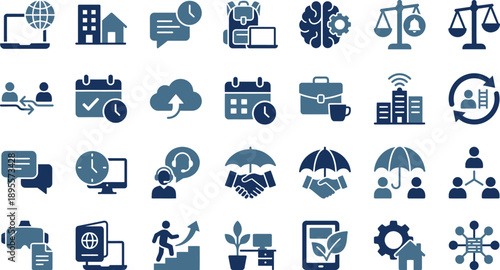 Collection of blue icons representing remote work, technology, and business concepts on a clean white background, viewed from a straightforward perspective.