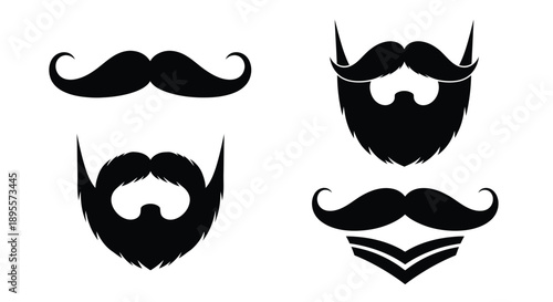 Variety of black silhouette mustaches and beard styles on white background