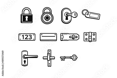 Locker Access and Security in outline vector style: padlock, combination lock, key lock, locker key, key tag, number plate, name tag, hasp latch, hinge bracket