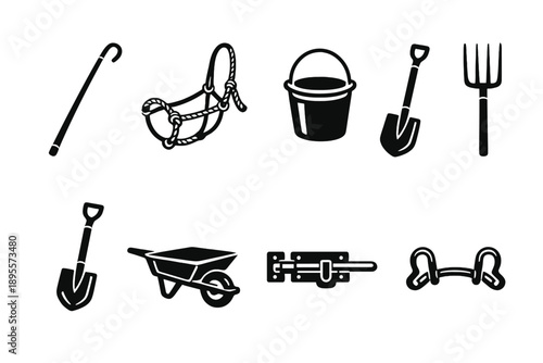 Pasture management livestock handling tools in outline vector style: herding stick, rope halter, bucket, pitchfork, shovel, wheelbarrow, gate latch, fence clip