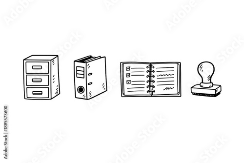Payroll record keeping in doodle style: filing cabinet, binder, notebook, rubber stamp