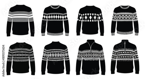Collection of black and white sweater designs in a grid layout