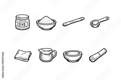Seasonal dye preparation tools in doodle style: dye jar, pigment powder bowl, wooden stir stick, measuring spoon, water jug, cloth swatch, mortar bowl, pestle