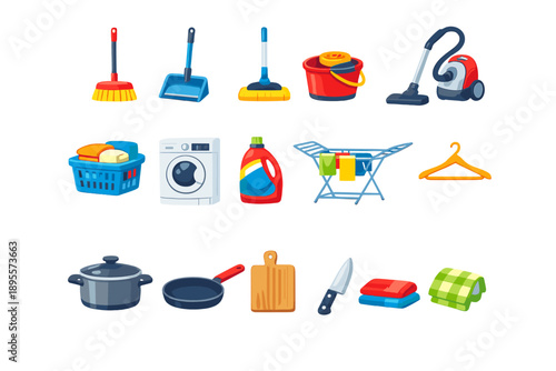 Daily household activity items in flat style: broom, dustpan, mop, mop bucket, vacuum cleaner, laundry basket, washing machine, detergent bottle, drying rack