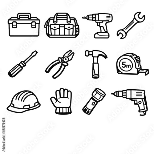 Onboard Service Equipment and Tools in outline vector style: toolbox, tool bag, drill, wrench, screwdriver, pliers, hammer, measuring tape, power drill, safety