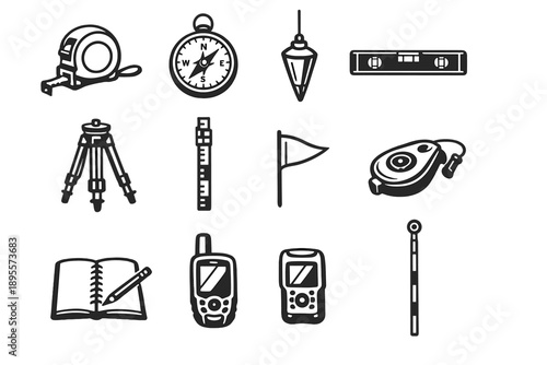 Surveying and Measurement Tools in outline vector style: measuring tape, survey compass, plumb bob, spirit level, tripod stand, measuring rod, marker flag