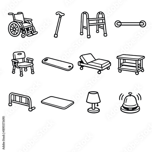 Accessible Family Care Equipment in outline vector style: wheelchair, walking cane, walker frame, grab bar, shower chair, transfer board, adjustable bed
