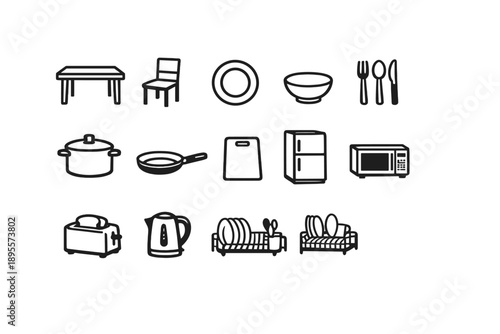 Family Kitchen Life in outline vector style: dining table, dining chair, plate, bowl, fork, spoon, knife, cooking pot, frying pan, cutting board, refrigerator