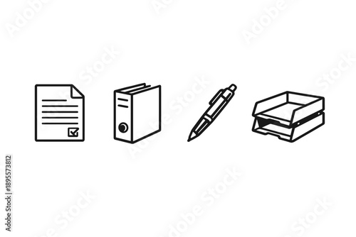 Customs paperwork handling tools in outline vector style: declaration form, binder, pen, folder tray