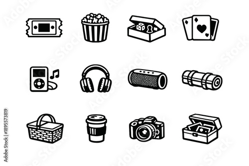 Romantic Evening Leisure Items in outline vector style: movie ticket, popcorn bucket, board game box, playing card deck, music player, headphone, portable