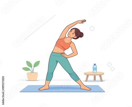Woman in activewear doing yoga stretch at home, flat vector illustration