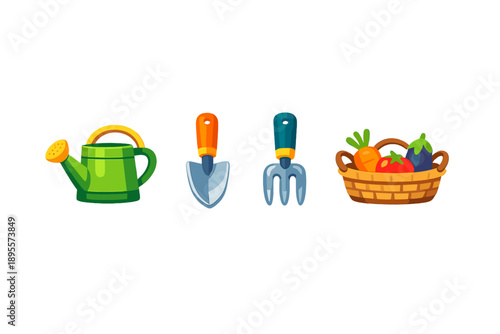 Community garden shared tools in flat style: watering can, hand trowel, garden fork, harvest basket