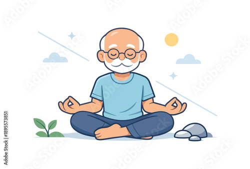 Elderly man meditating in nature, flat vector illustration