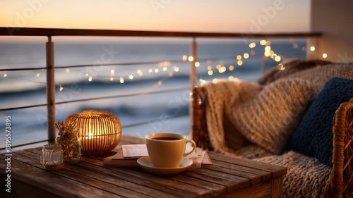 seaside café with bohemian chairs and light curtains blowing in wind, peaceful sunny vibe