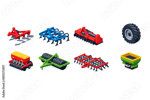 Soil cultivation field preparation equipment in isometric flat style: plow, cultivator, rotavator, tractor wheel, seed drill, soil roller, harrow, fertilizer