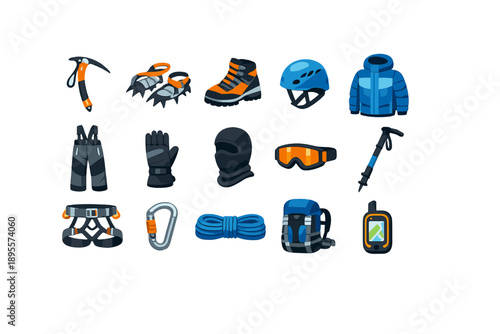 Glacier expedition gear in isometric flat style: ice axe, crampon, mountaineering boot, climbing helmet, insulated jacket, snow pant, thermal glove, balaclava