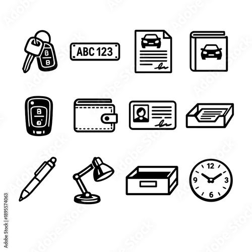 Vehicle and Registration Items in outline vector style: car key, license plate, car registration document, vehicle manual, key fob, wallet, ID card, document