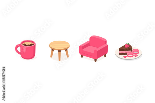 Women’s Day friendship coffee break setup in isometric flat style: coffee mug, side table, armchair, dessert plate