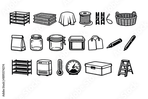 Herbal medicine drying and storage equipment in outline vector style: drying rack, mesh tray, cloth cover, string twine, clothespin, basket, paper bag, glass