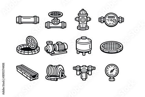 Water and Sanitation Systems in outline vector style: water pipe, valve wheel, fire hydrant, water meter, inspection hatch, pump unit, storage tank, sewer cover