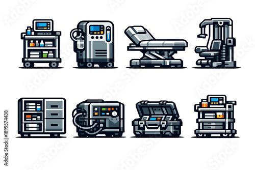 Smart wellness wellness infrastructure items in bold vector style: medical cart, oxygen concentrator, therapy bed, exercise machine, storage cabinet, power unit