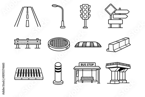 Road and Transport Infrastructure in outline vector style: asphalt road, streetlight, traffic signal, road sign, guardrail, manhole cover, speed bump, sidewalk