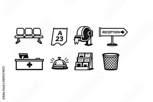 Clinic visit essentials in outline vector style: waiting chair, ticket slip, number dispenser, sign board, reception desk, service bell, brochure rack, trash