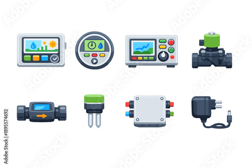 Irrigation management control hardware in flat style: irrigation controller, timer switch, control panel, solenoid valve, flow meter, moisture sensor, junction