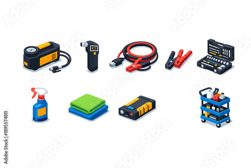 Vehicle maintenance equipment in isometric flat style: air pump, tire gauge, charging cable, tool kit, cleaning spray, microfiber cloth, battery pack, service