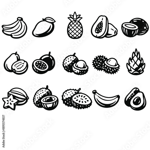 Tropical Fruits in outline vector style: banana, mango, pineapple, papaya, coconut, guava, passionfruit, lychee, rambutan, dragon fruit, starfruit, jackfruit