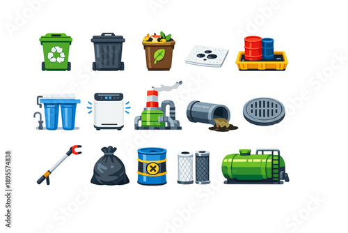 Pollution control items flat style: recycling bin, trash bin, compost bin, oil absorbent pad, spill containment tray, water filter, air purifier, smokestack