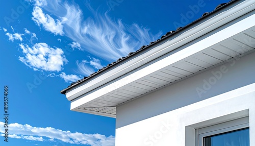 Close view of modern house roof edge with white gutter under bright blue sky and thin clouds
