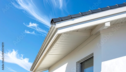 Modern house roof corner with white soffit and gutter captured against vivid blue sky in daylight