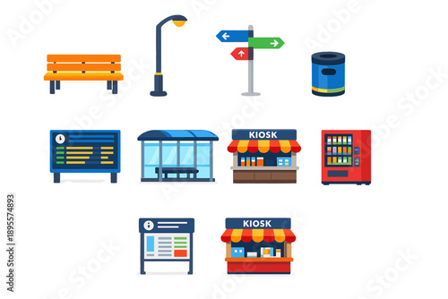Station Essentials in flat style: bench, lamp post, signpost, trash bin, timetable board, shelter, kiosk, vending machine