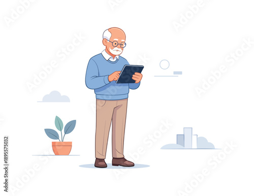 Elderly man using tablet in modern minimalist setting vector illustration