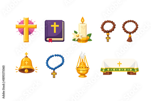 Easter religious symbols flat style: cross, bible, candle, prayer beads, church bell, rosary, incense holder, altar cloth