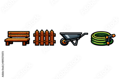 Community garden infrastructure elements in bold vector style: wooden bench, fence panel, wheelbarrow, water hose