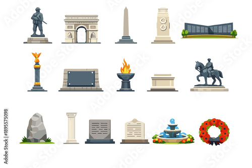 Historic monuments and memorials in flat style: war memorial statue, triumphal arch, obelisk monument, cenotaph, memorial wall, victory column, commemorative