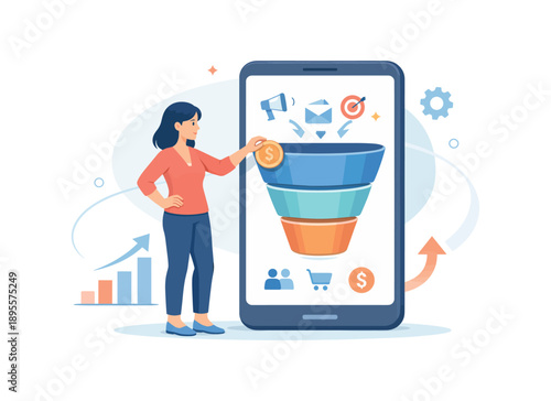 Woman engaging with mobile marketing funnel, vector illustration