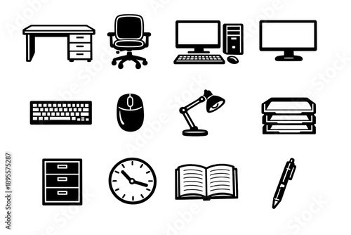 Family Support Office Essentials in outline vector style: office desk, office chair, desktop computer, monitor, keyboard, mouse, desk lamp, document tray