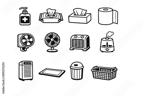 Support and Facility Supplies in outline vector style: hand sanitizer bottle, disinfectant wipe pack, tissue box, paper towel roll, wall fan, floor fan, heater