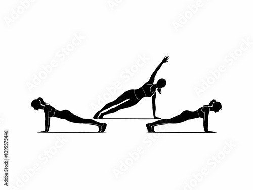 Fitness woman doing plank and side plank exercise silhouette set isolated on white