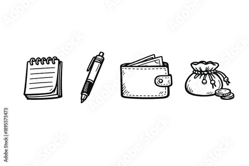 Everyday payment tracking items in doodle style: notebook, pen, wallet, coin pouch