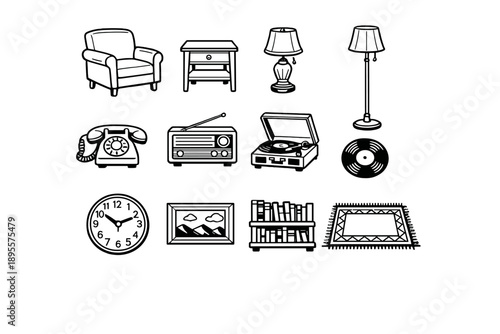 Vintage Home Living Room in outline vector style: armchair, side table, table lamp, floor lamp, rotary phone, radio, record player, vinyl record, wall clock