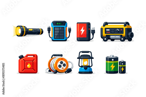 Emergency power items flat style: flashlight, battery pack, power bank, portable generator, fuel can, extension cord, lantern, spare battery