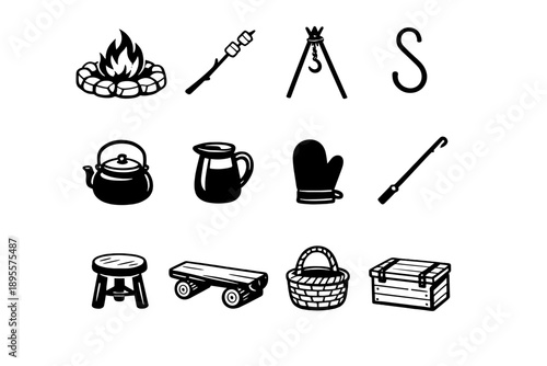 Outdoor Fire Ritual Equipment Objects in outline vector style: campfire ring, roasting stick, tripod stand, pot hook, kettle, water jug, fireproof glove, fire