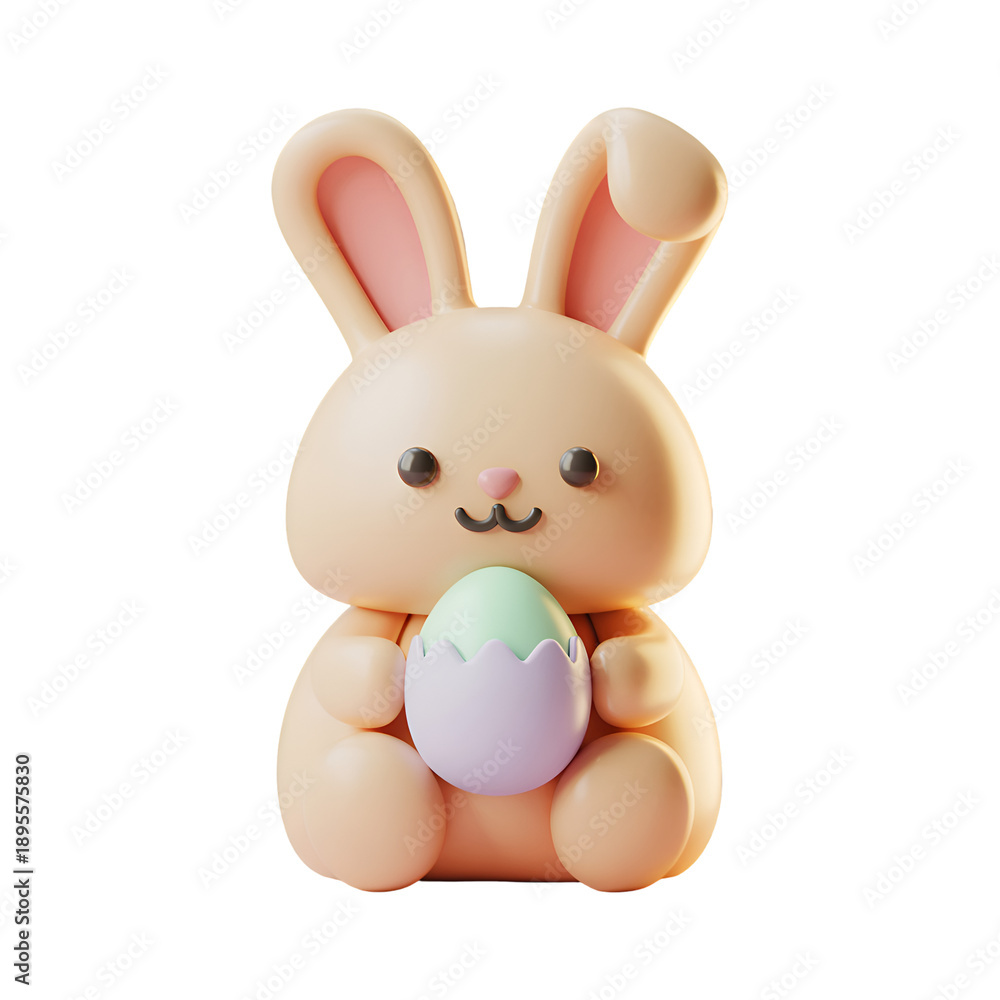 Obraz premium Cute 3D rendered beige bunny figurine sweetly clutching a pastel purple and green cracked Easter egg against a pure white background for holiday celebration.